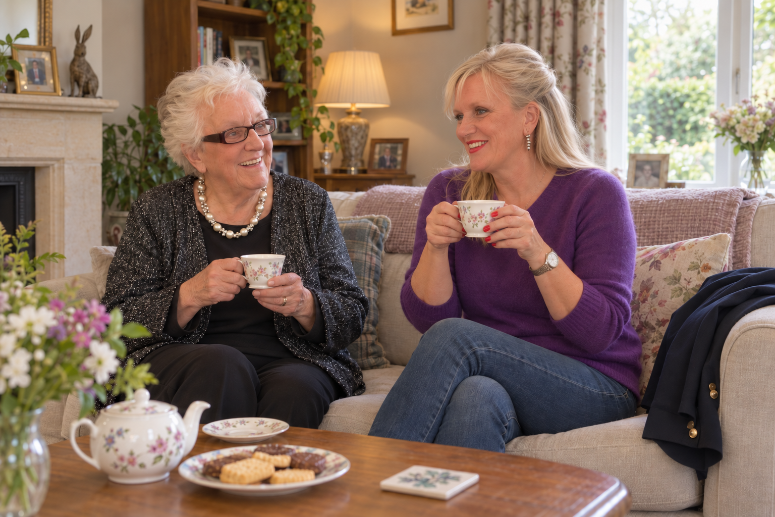 Lisa and Violet sharing a cup of tea at home