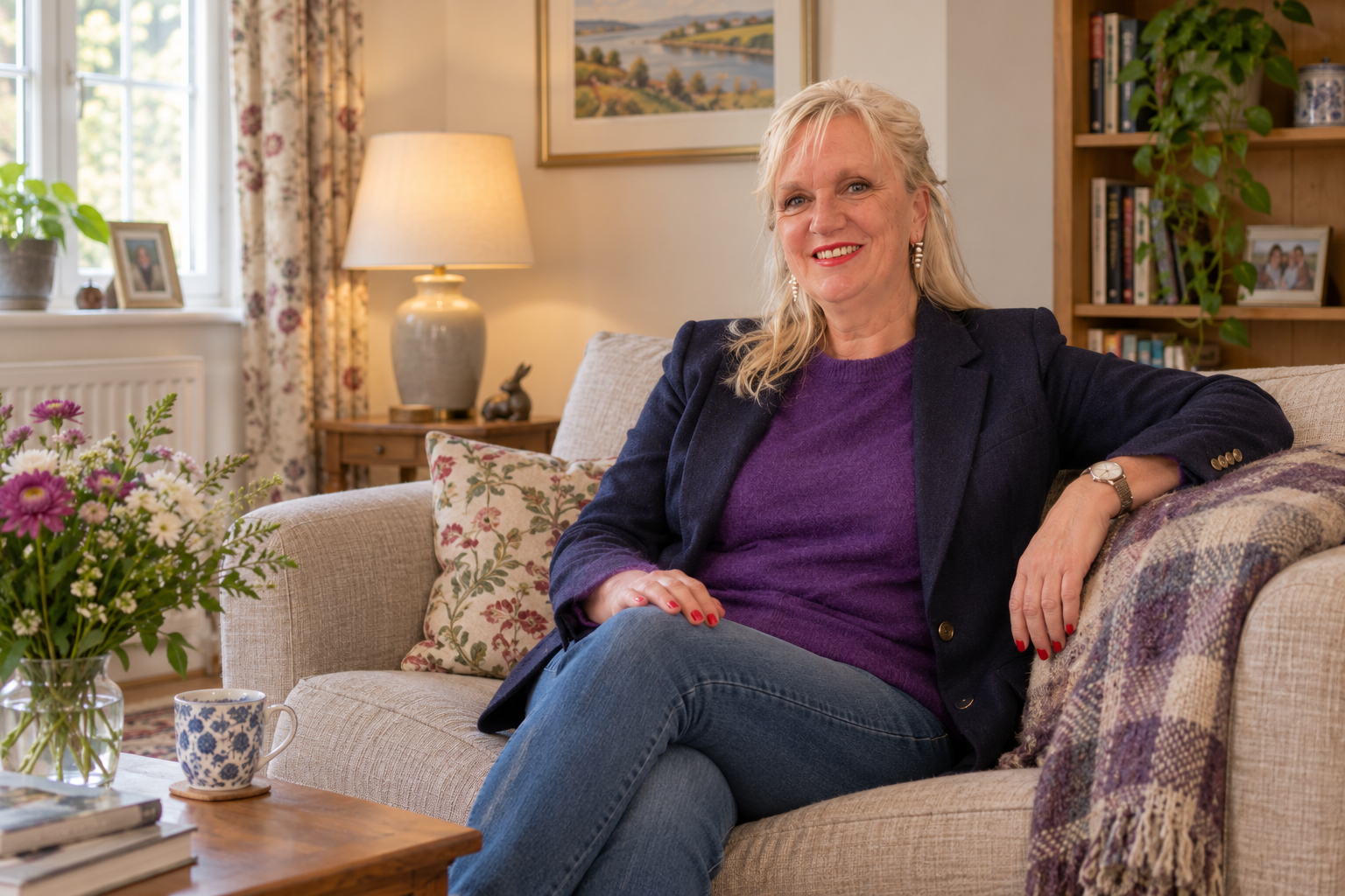 Portrait of Lisa in a purple cashmere sweater, jeans and a blazer
