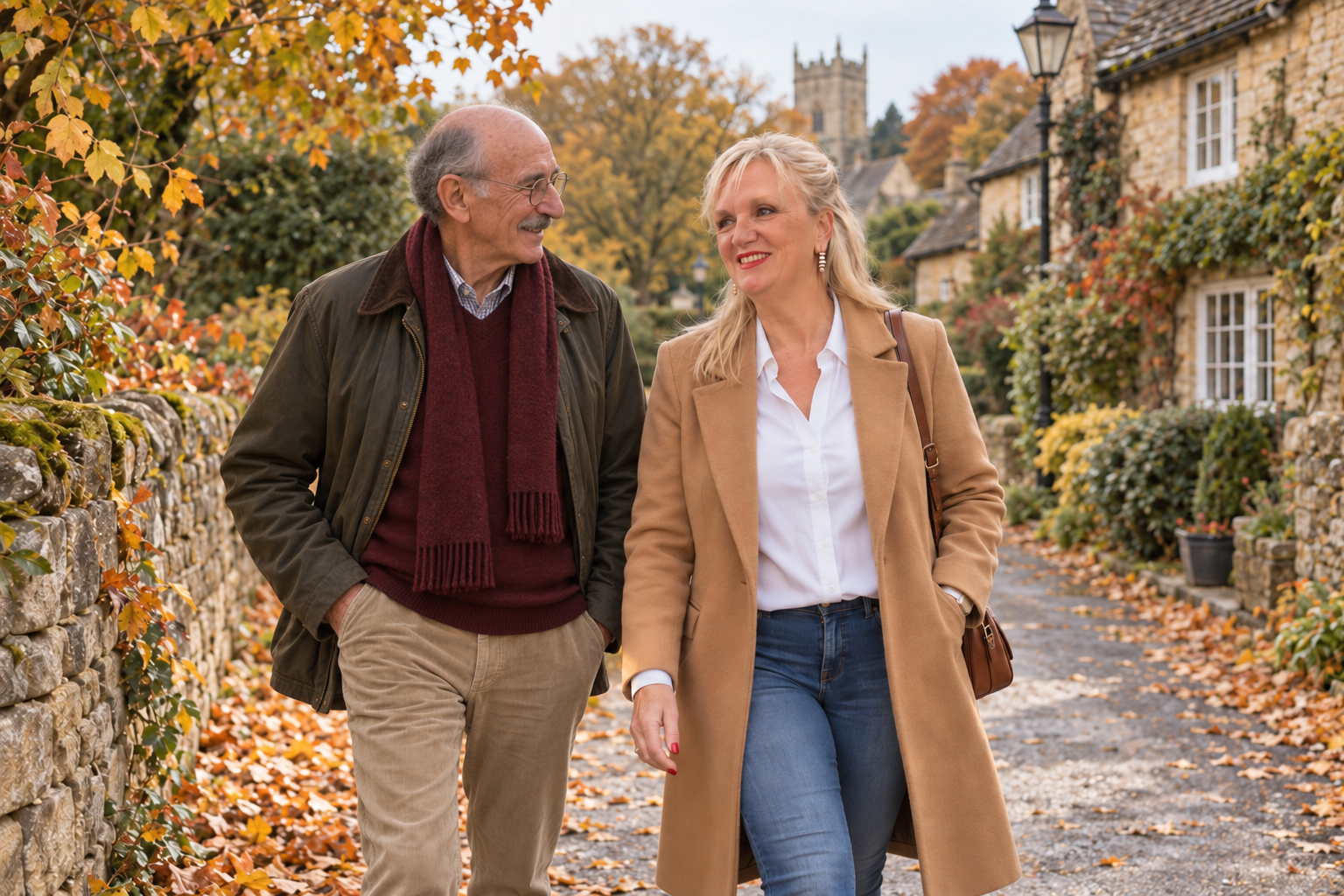 Lisa in a white shirt and camel coat enjoying a gentle walk with an older man