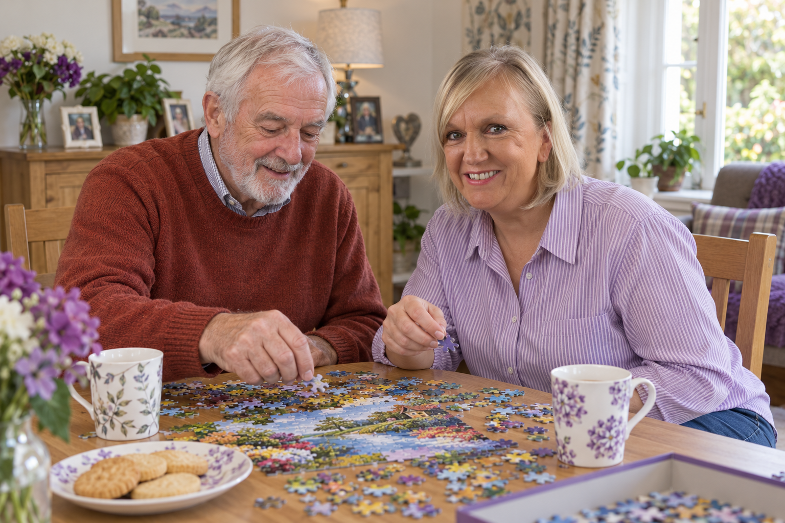 Lisa enjoying a jigsaw with an older gentleman