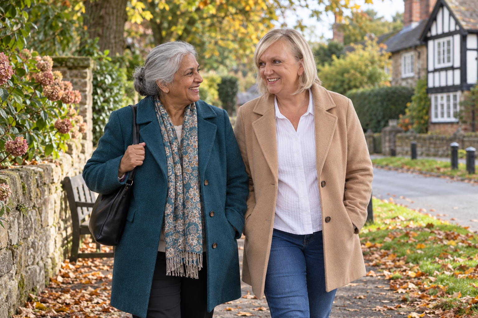 Lisa enjoying a gentle village walk with an older woman