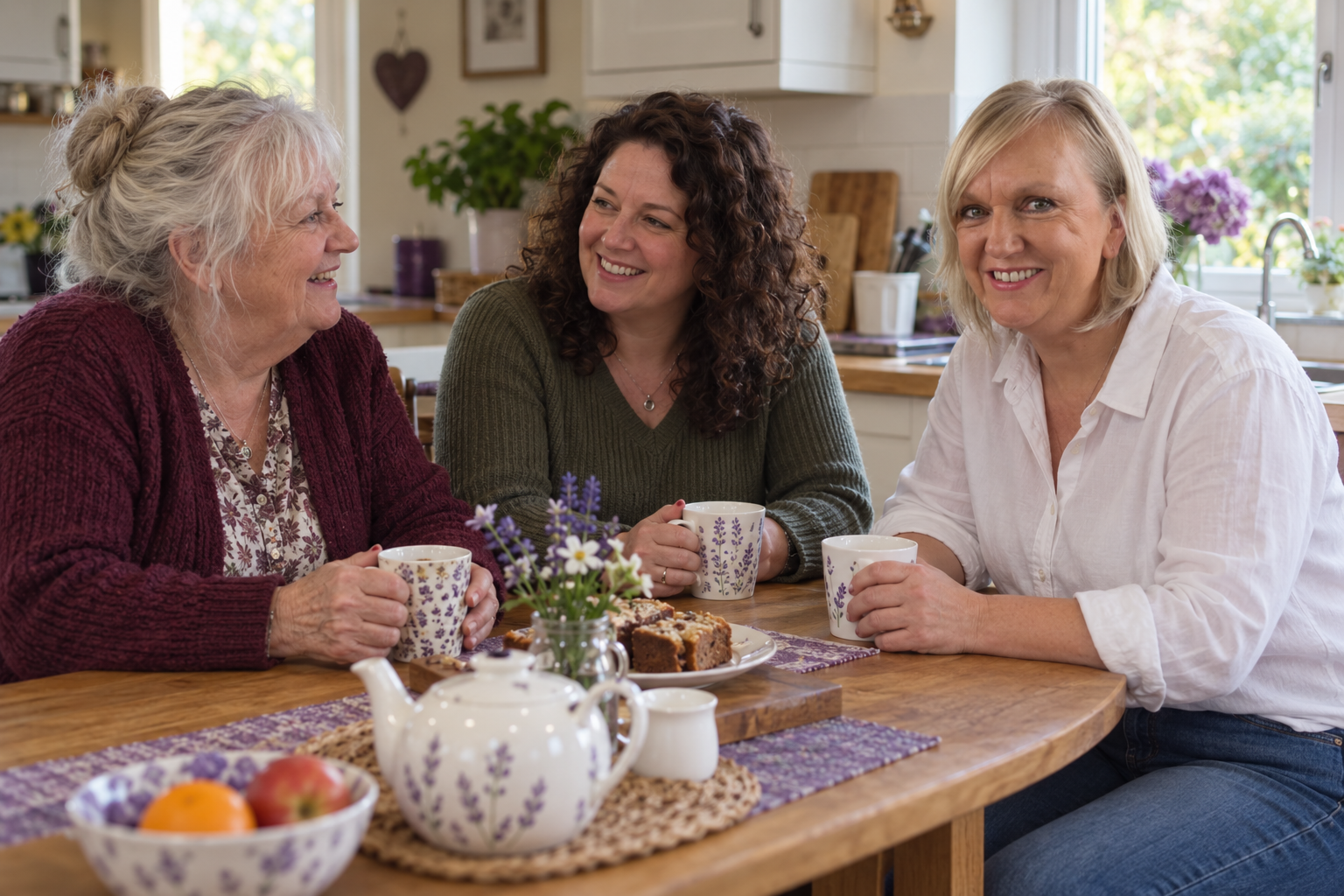 Lisa meeting an older woman and her daughter over tea