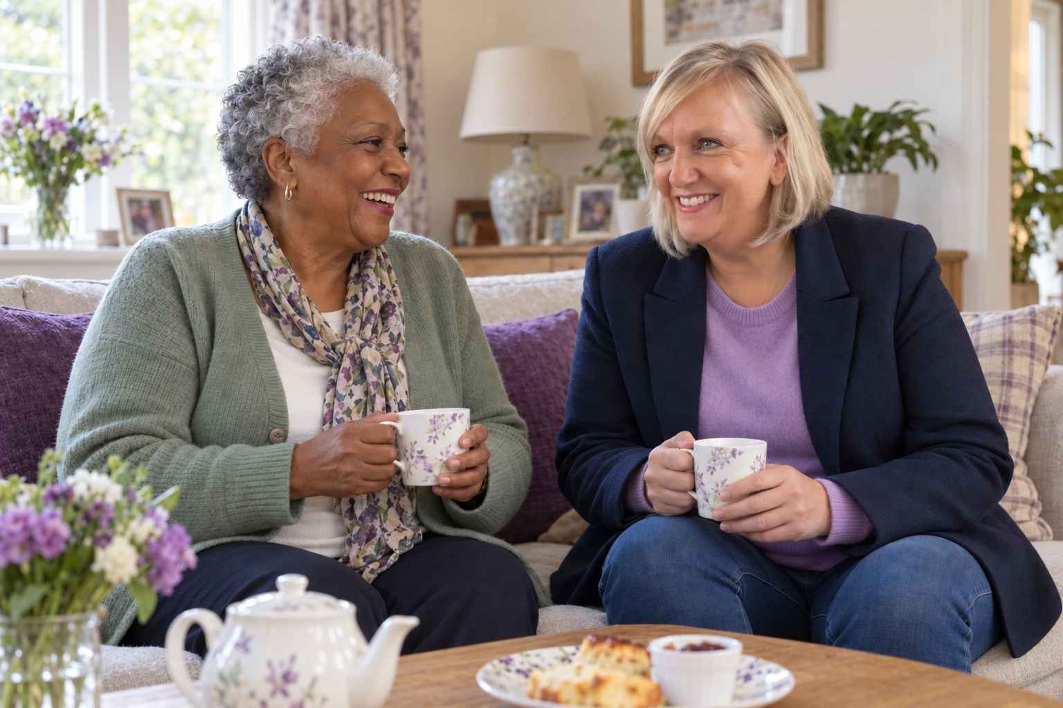 Lisa sharing tea and conversation at home