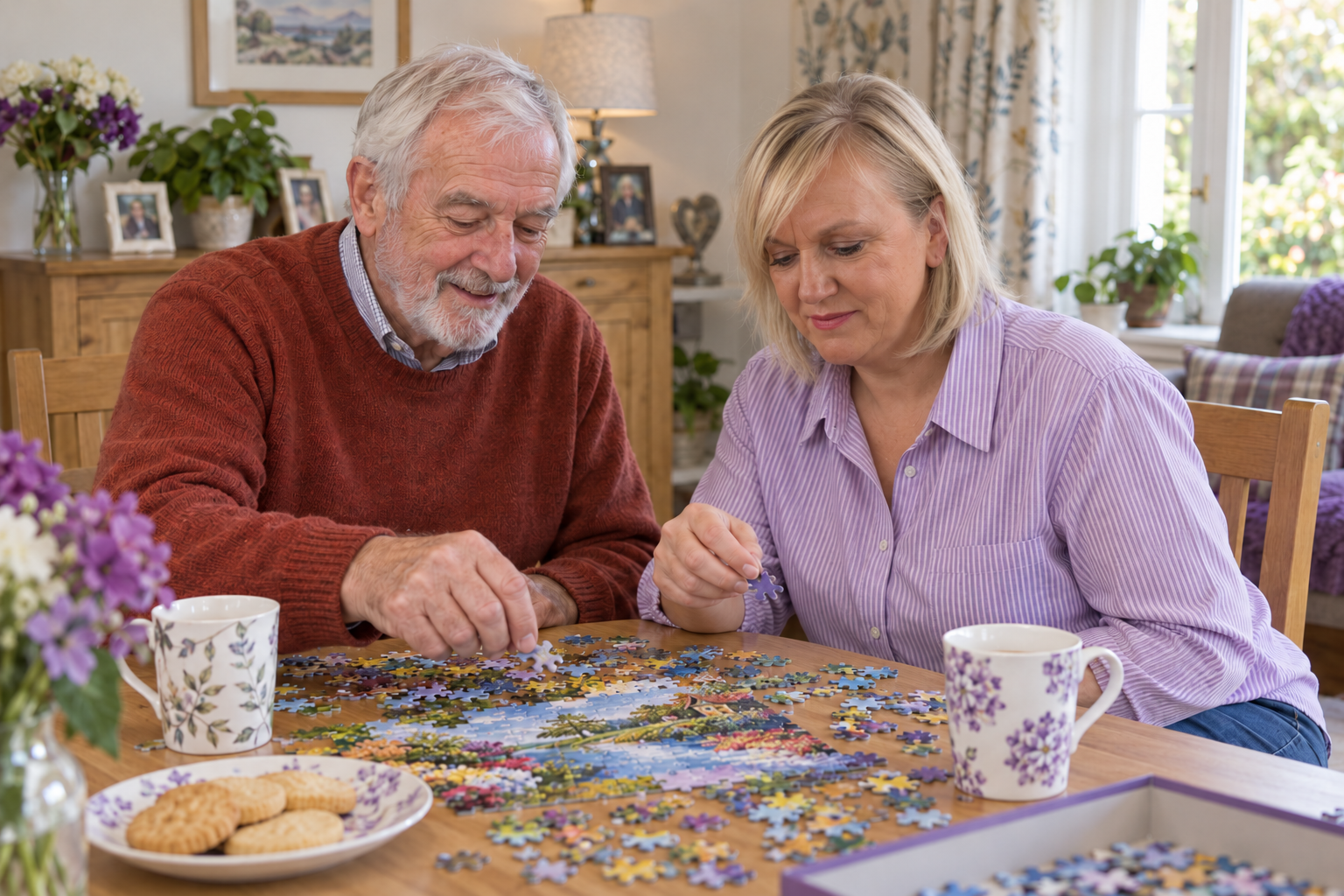 Lisa enjoying a jigsaw with an older gentleman