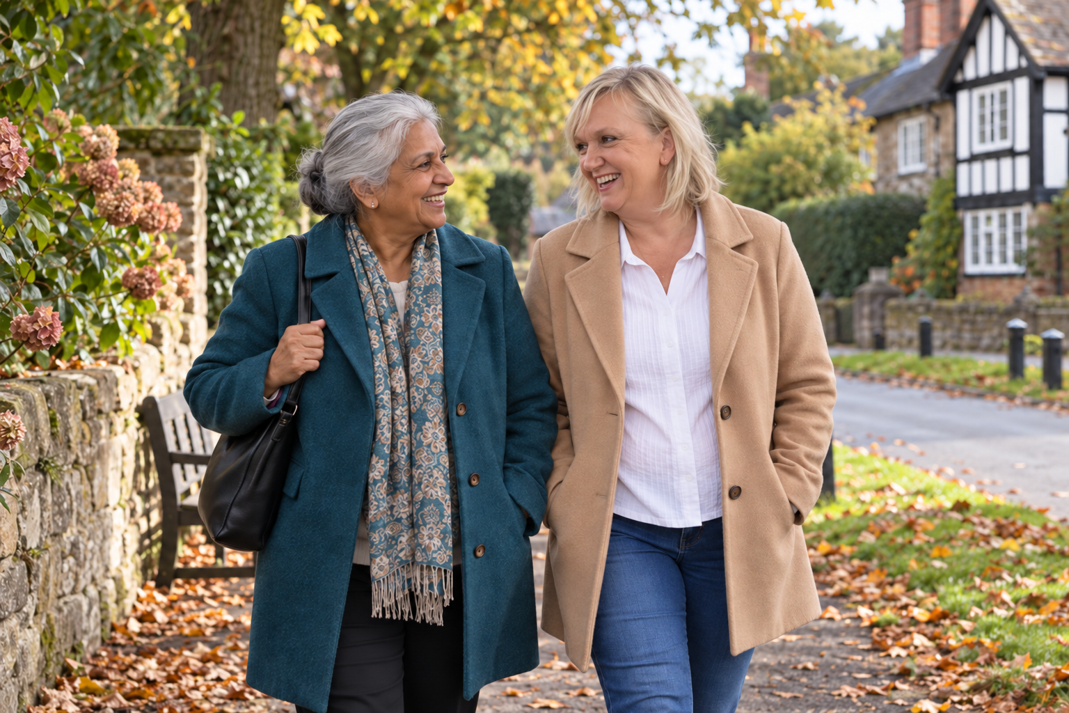 Lisa enjoying a gentle village walk with an older woman